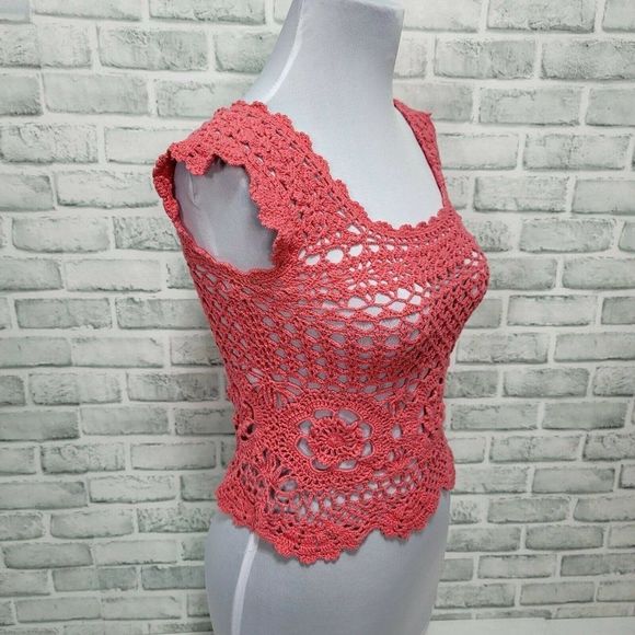 Urban Outfitters Pins And Needles Size L Coral Pink Open Knit Crochet Tank Top - Picture 3 of 5